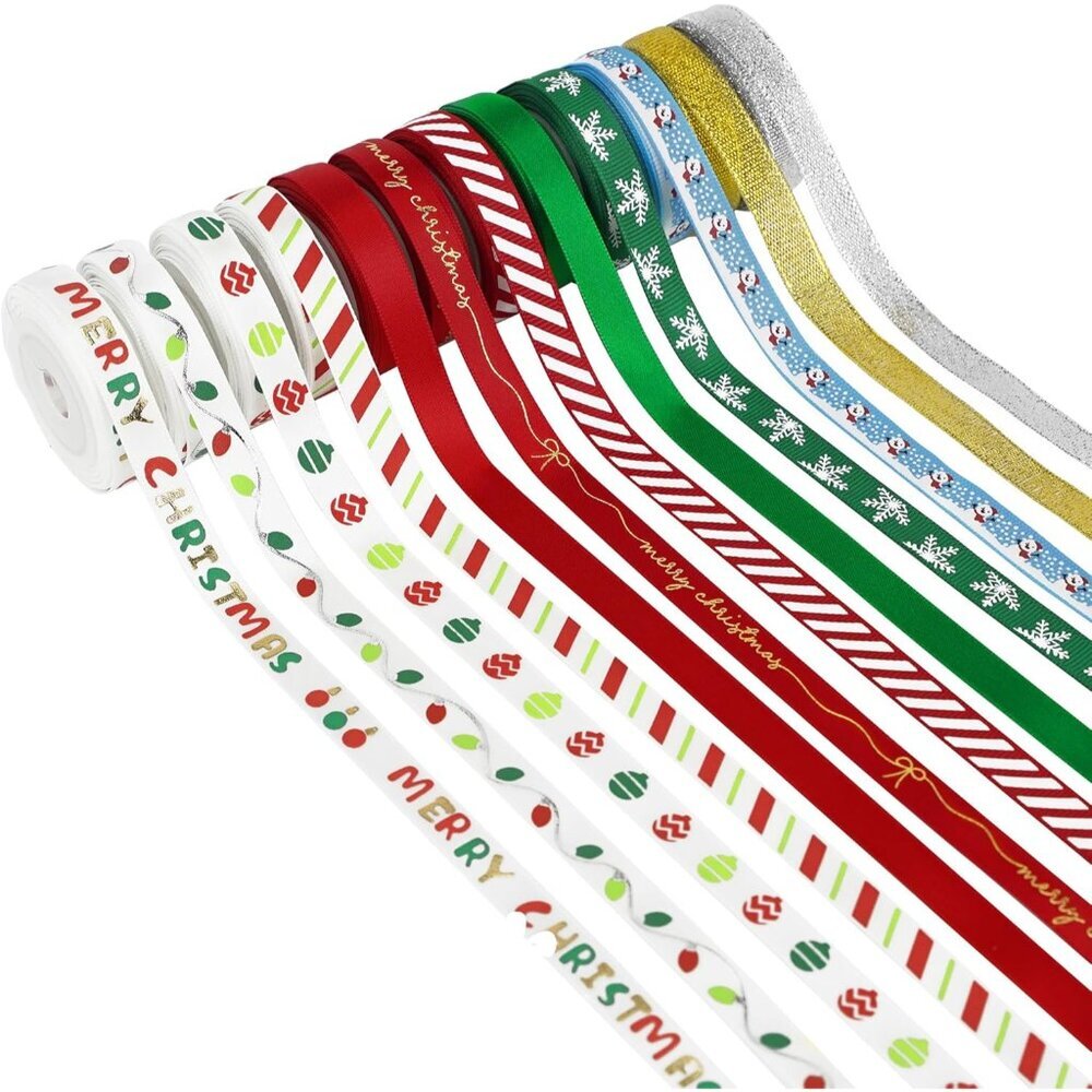Christmas Ribbon 3/8 inch Thin Holiday Ribbon Set in Red, Green, White, Gold & S
